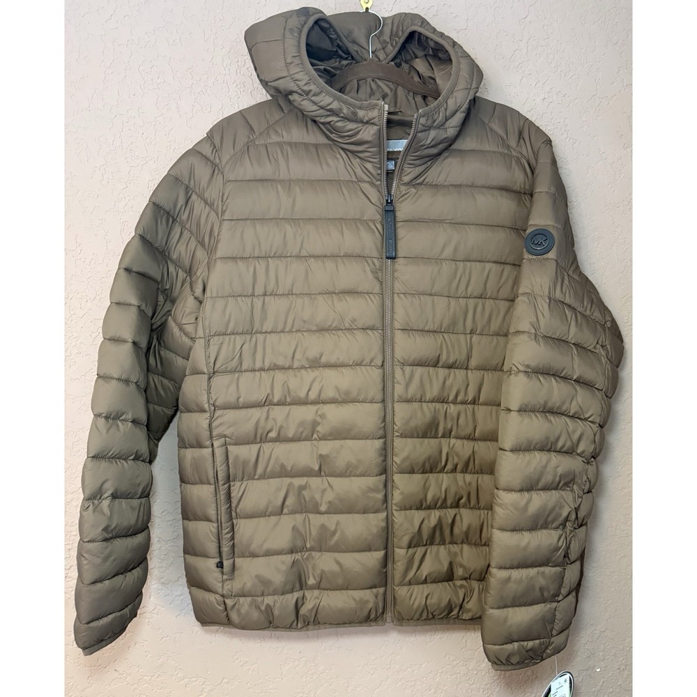 NEW MICHAEL KORS MEN'S LIGHWEIGHT HOODED BROWN LONG SLEEVE PUFFER JACKET SZ XL